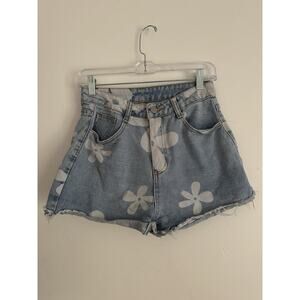 Vintage-Inspired High Waist Denim Shorts – Light Wash Flower Print – Size 2